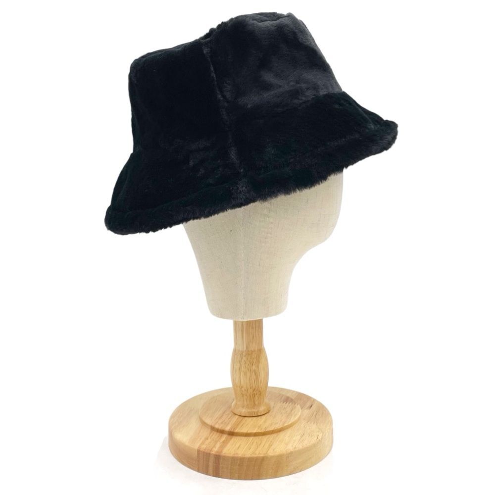 Black Faux Fur Bucket Hat Winter Soft Plush Fuzzy Warm Outerwear Unisex One Size - Picture 6 of 11